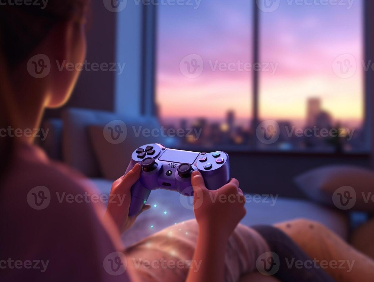 ai generativo ragazza mantenere il telecomando da gioco nel mano mentre giocando video Giochi stile di vita concetto foto