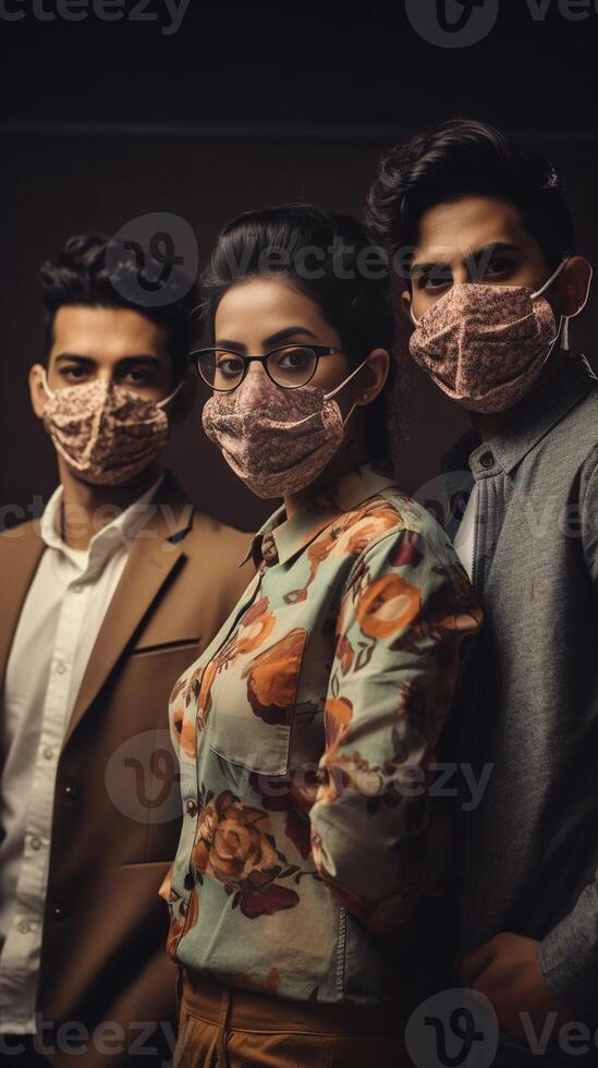 ai generativo gruppo di multirazziale giovane persone indossare viso maschera nel cerchio nuovo normale amicizia stile di vita relazione e lavoro di squadra concetto foto