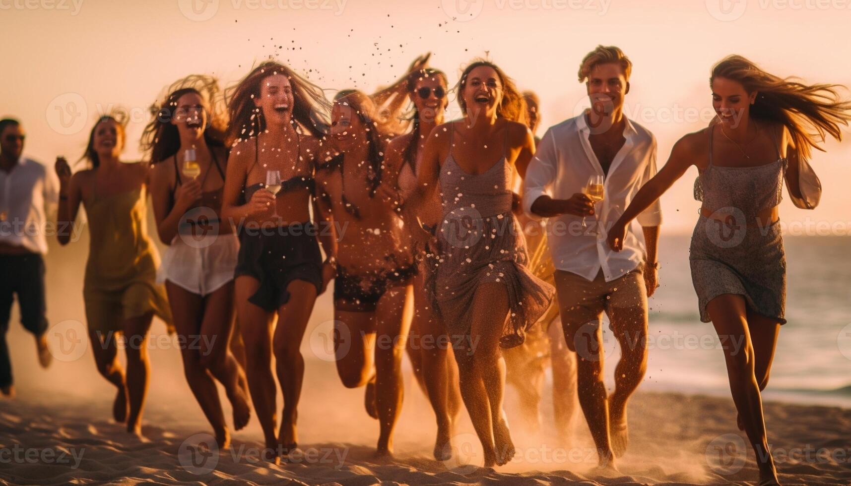 ai generativo gruppo di persone avendo divertimento e danza durante un' spiaggia festa foto