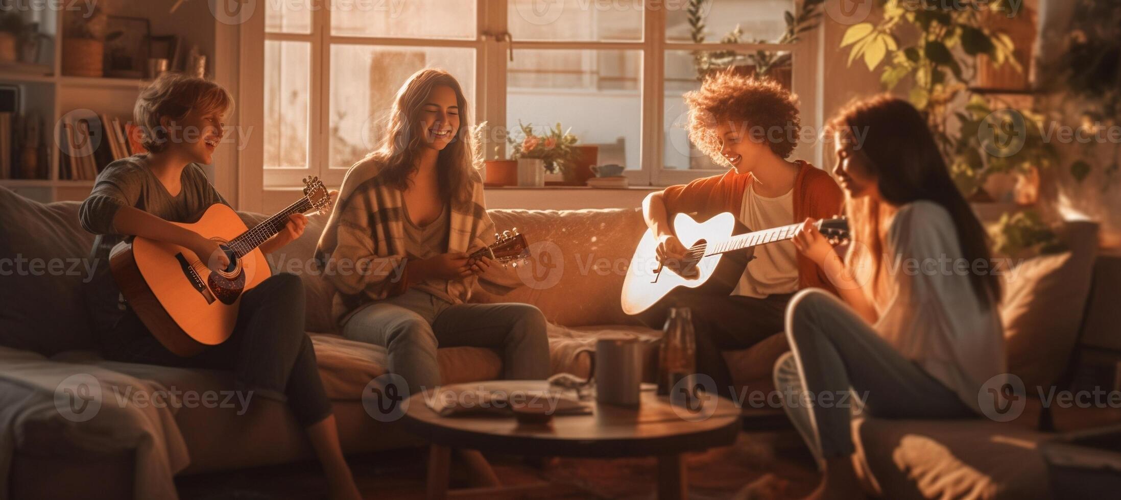 ai generativo gruppo di adolescenti avendo divertimento a casa utilizzando il computer portatile e giocando chitarra nel vivente camera gruppo di persone godendo tempo insieme potabile birra foto