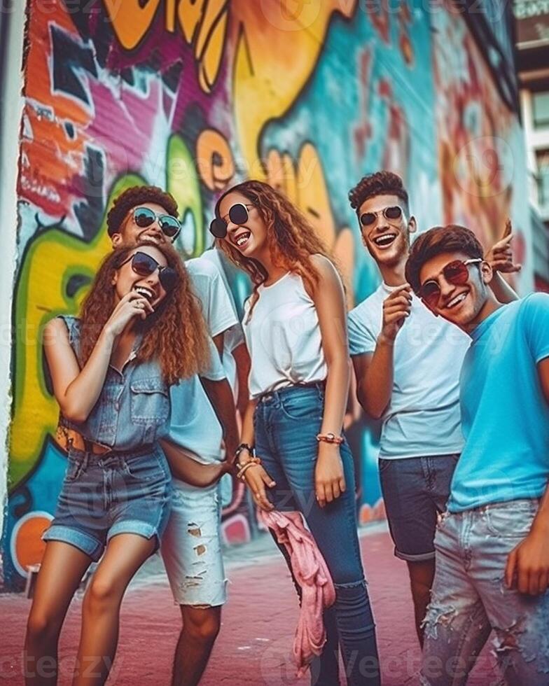 ai generativo gruppo di giovane persone avendo divertimento all'aperto contento amici Abbracciare una persona al di sopra di colorato mattone parete amicizia concetto con ragazzi e ragazze sospeso su su estate vacanza foto