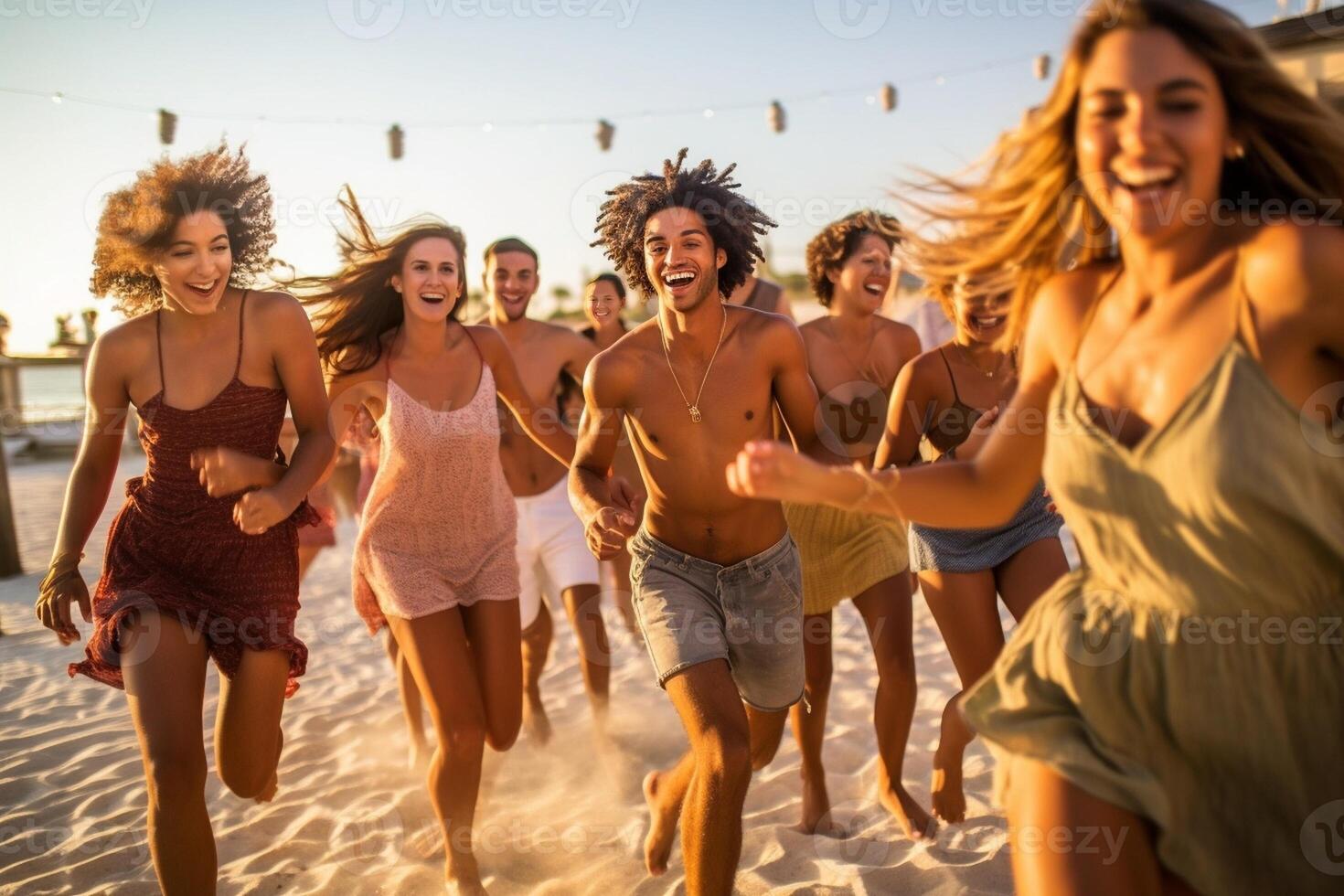 ai generativo contento gruppo di amici fabbricazione spiaggia festa danza insieme multirazziale giovane persone godendo musica Festival su estate vacanza estate vacanze concetto con ragazzi e ragazze han foto