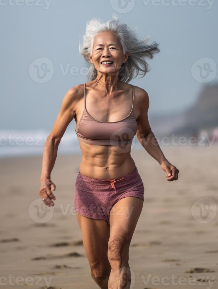 ai generativo contento anziano donna puntamento opera su fitness a partire dal il Telefono all'aperto anni Sessanta donna indossare cuffie fare jogging a il spiaggia concetto di maturo persone sport e tecnologia foto