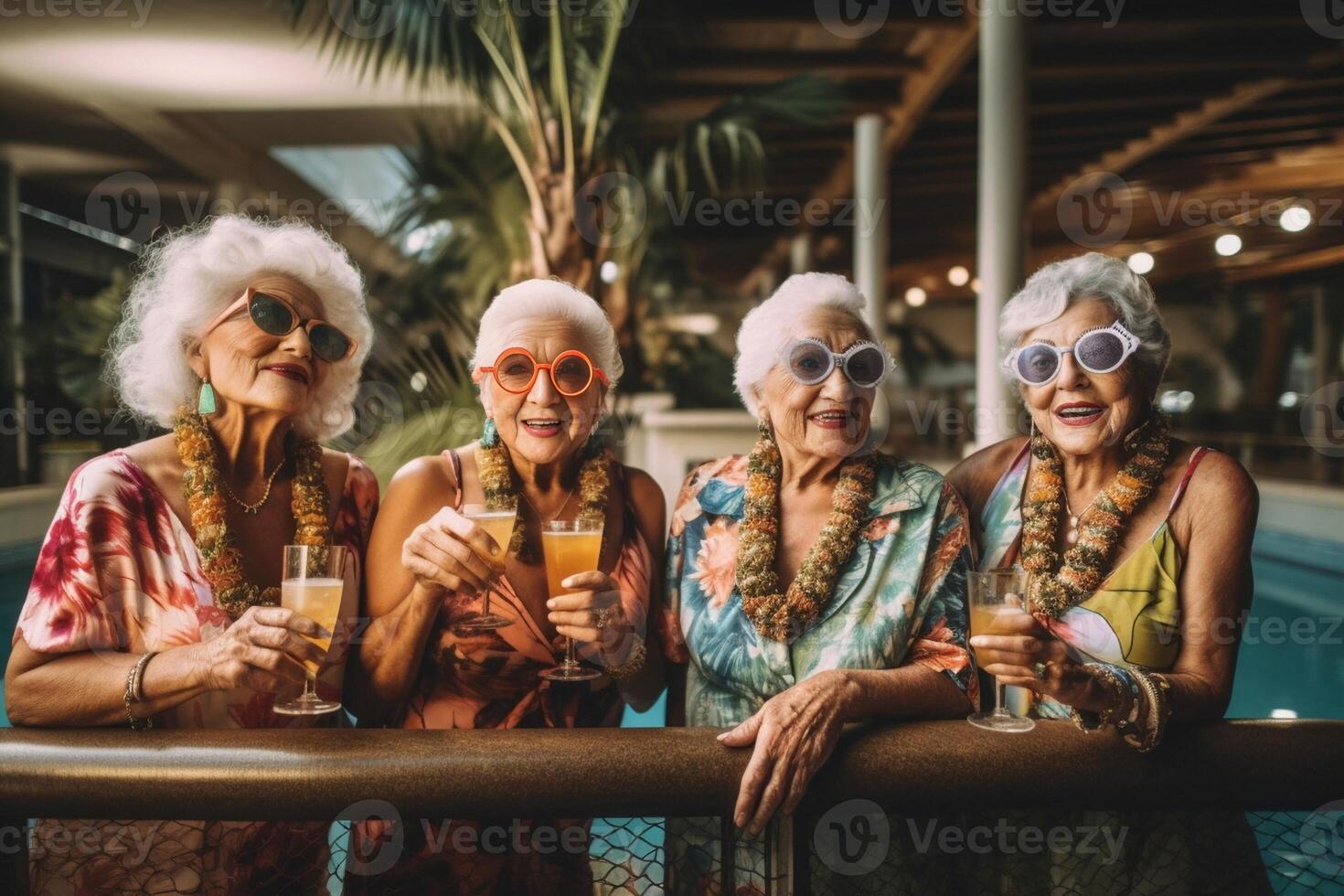 ai generativo contento anziano donne potabile cocktail bicchieri seduta a bar tavolo gruppo di migliore amici godendo contento ora applauso bevande a pub ristorante vita stile concetto con ragazze appendere in foto