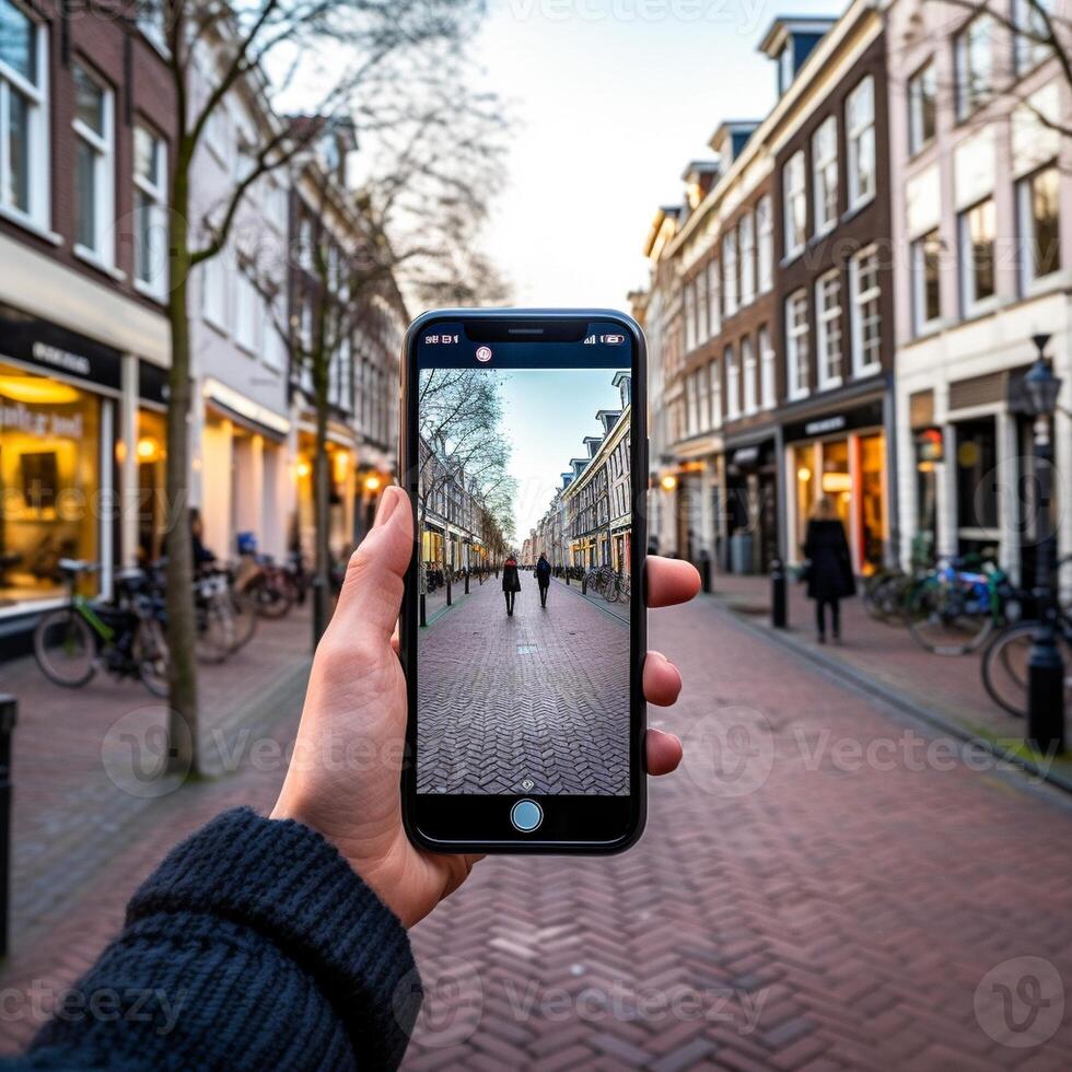 ai generativo contento turista assunzione autoscatto immagine nel amsterdam Olanda allegro uomo utilizzando inteligente mobile Telefono dispositivo al di fuori alunno viaggiatore godendo estate europeo vacanza vita stile t foto