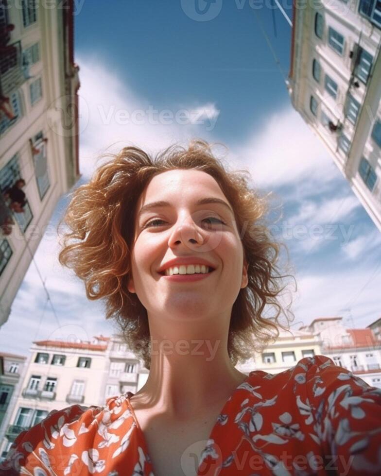 ai generativo contento turista visitare Lisbona Portogallo bellissimo giovane donna assunzione autoscatto mentre viaggio nel europeo famoso destinazione viaggio e vacanze stile di vita concetto foto