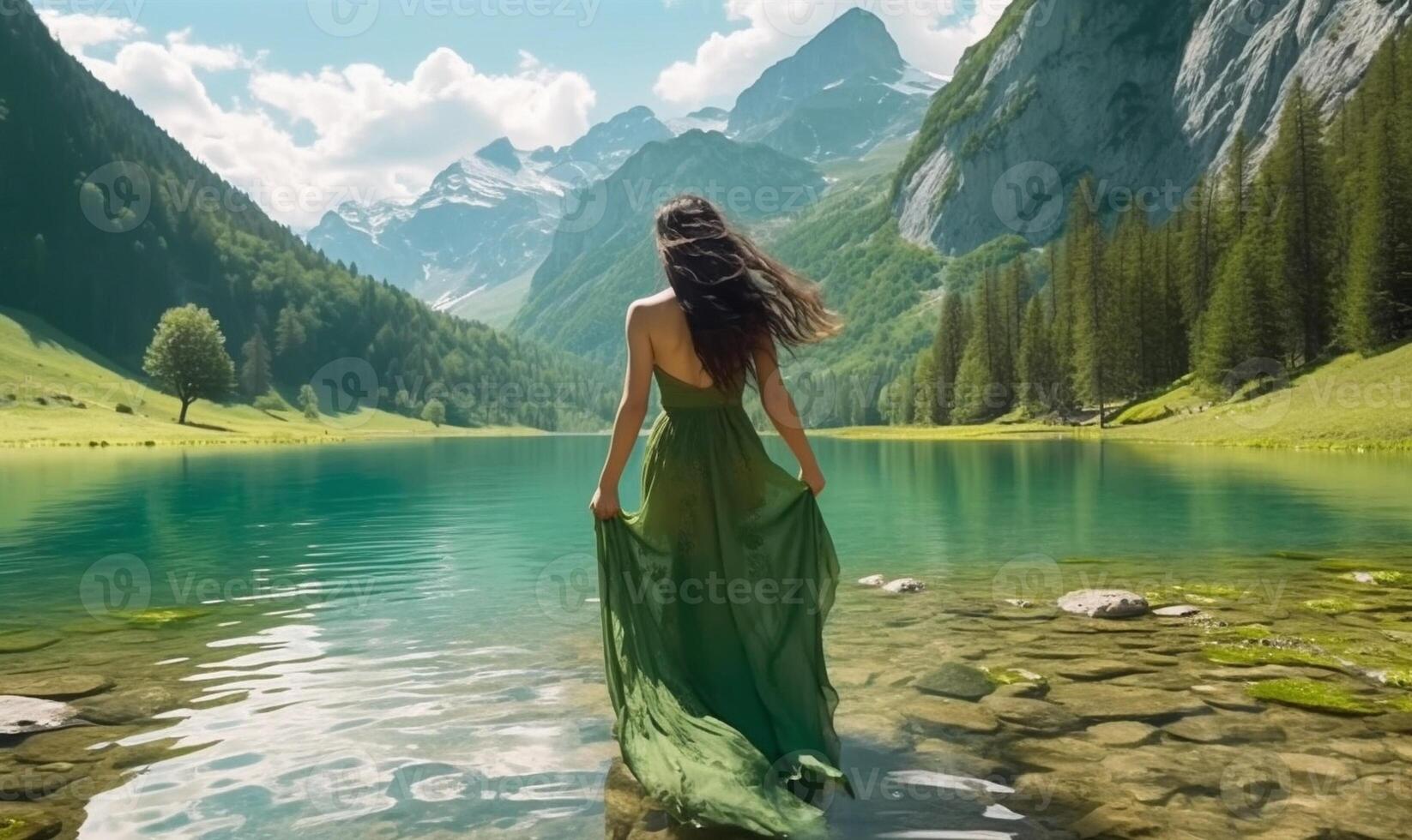 ai generativo contento donna viaggio lago di Braies Italia ragazza con braccia disteso godendo natura foto