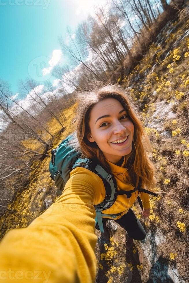 ai generativo escursionista bellissimo ragazza prende un' autoscatto durante sua viaggio persone tecnologia natura e stile di vita concetto foto