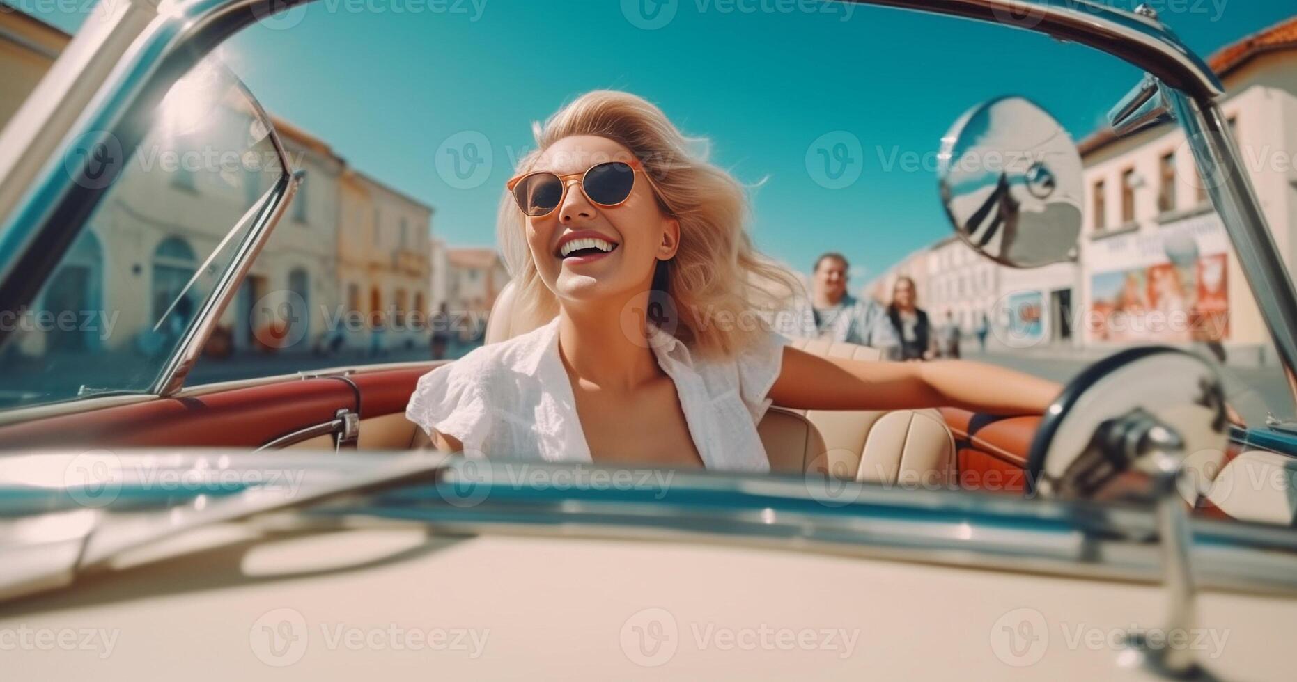 ai generativo gioioso giovane donna seduta su convertibile auto sorridente a telecamera contento coppia guida su il strada con cabriolet auto persone su viaggio su strada godendo la libertà mezzi di trasporto concetto foto