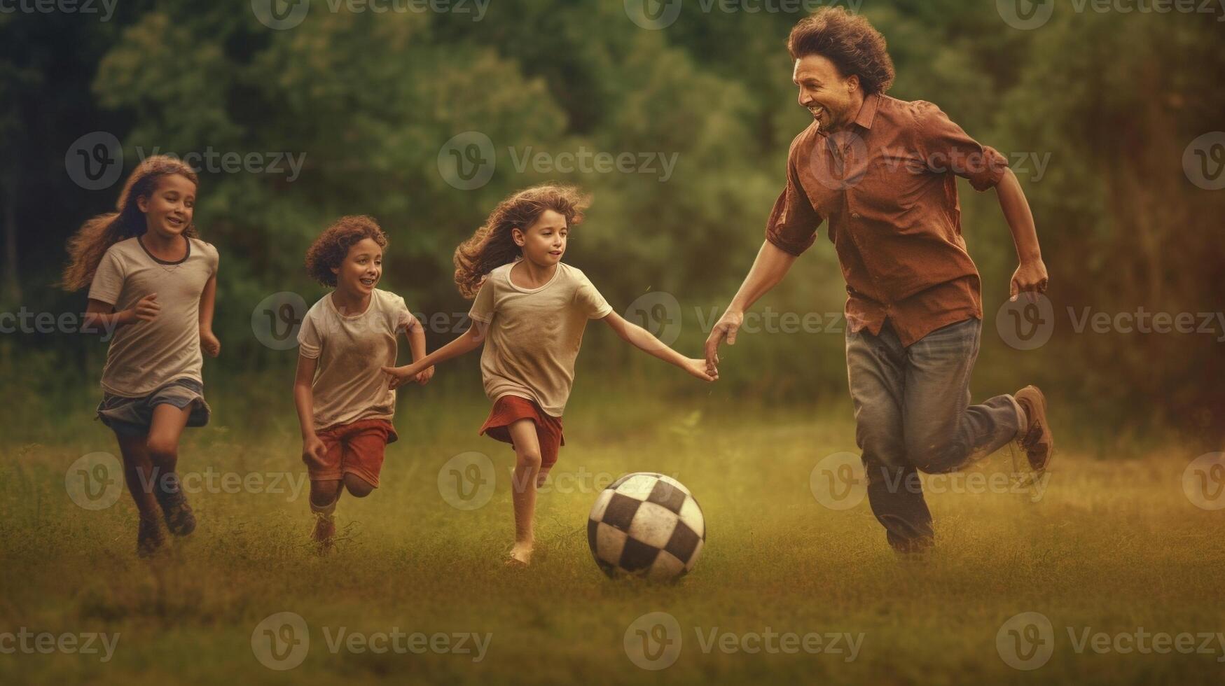 ai generativo ragazzo calciando calcio palla mentre giocando con il suo famiglia attivo famiglia avendo divertimento all'aperto godendo tempo libero tempo infanzia e contento stile di vita concetto foto