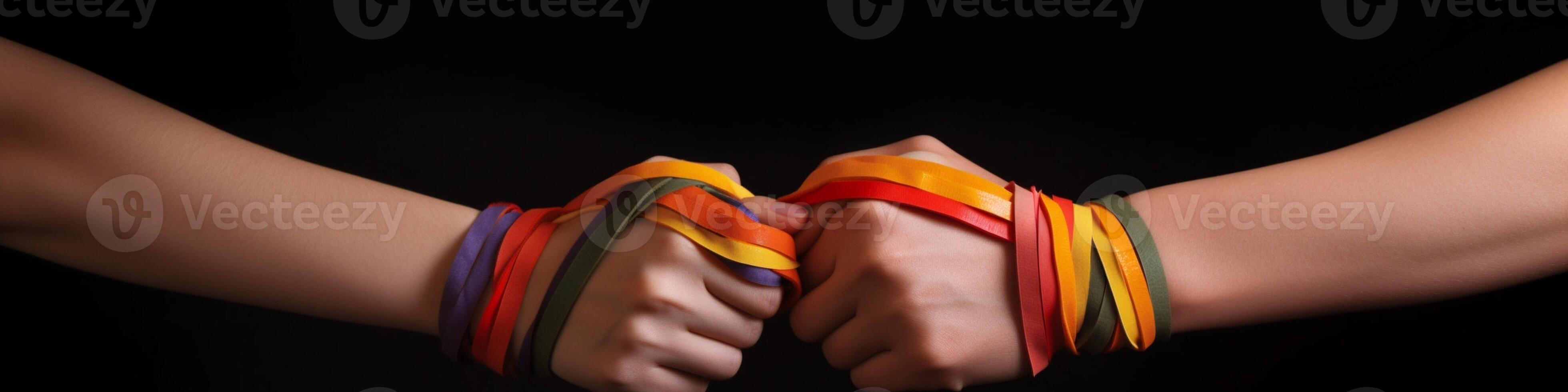 ai generativo lesbica coppia fabbricazione cuore forma con dita Due amiche festeggiare gay orgoglio giorno insieme lgbt Comunità e Genere uguaglianza concetto foto