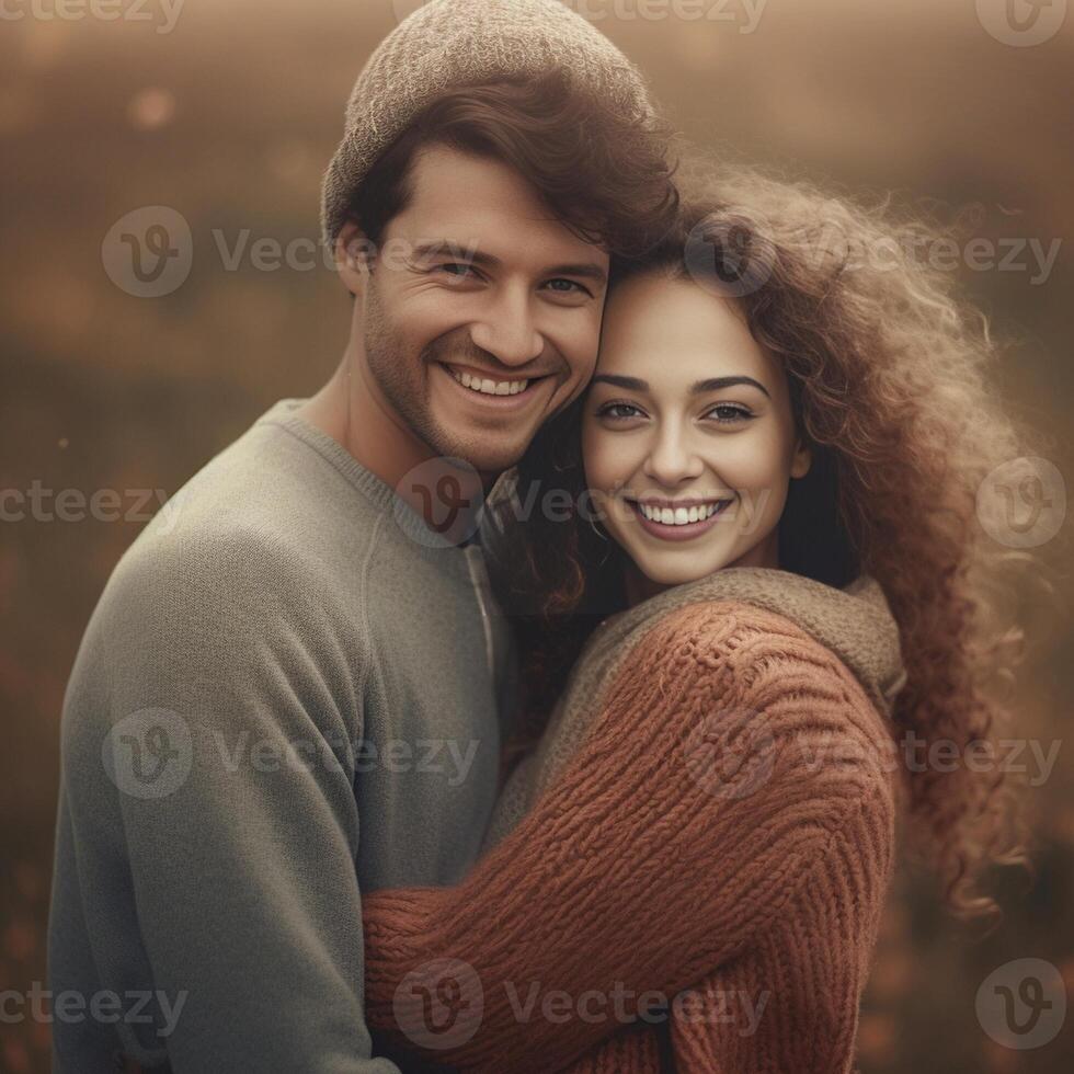 ai generativo amorevole caucasico coppia sorridente all'aperto concetto di amore persone natura e stile di vita foto