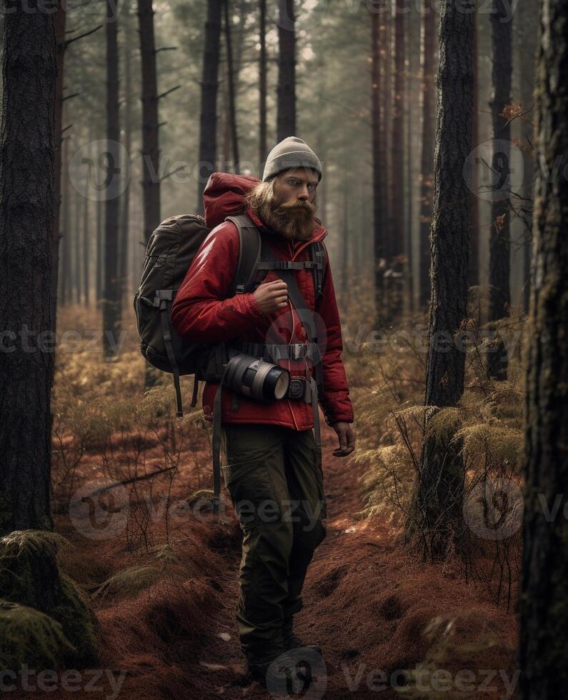 ai generativo maschio escursionista in piedi nel buio foresta uomo con zaino a piedi nel mistero bosco viaggiatore nel natura coraggio rischio e successo concetto foto