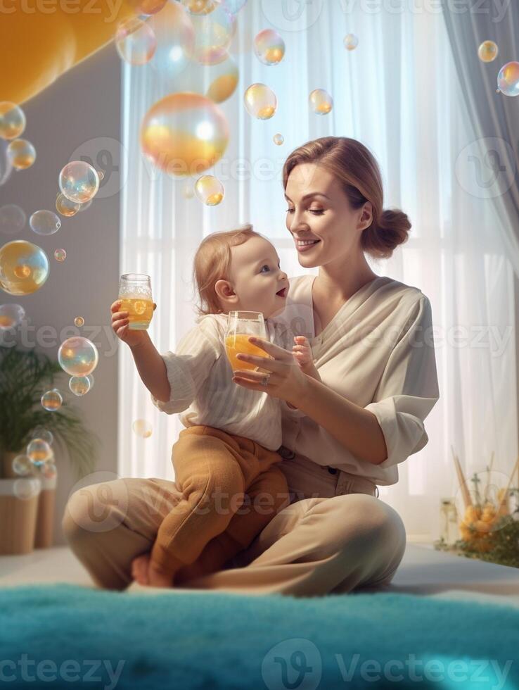 ai generativo madre giocando con sua bambino a casa contento amorevole famiglia concetto foto