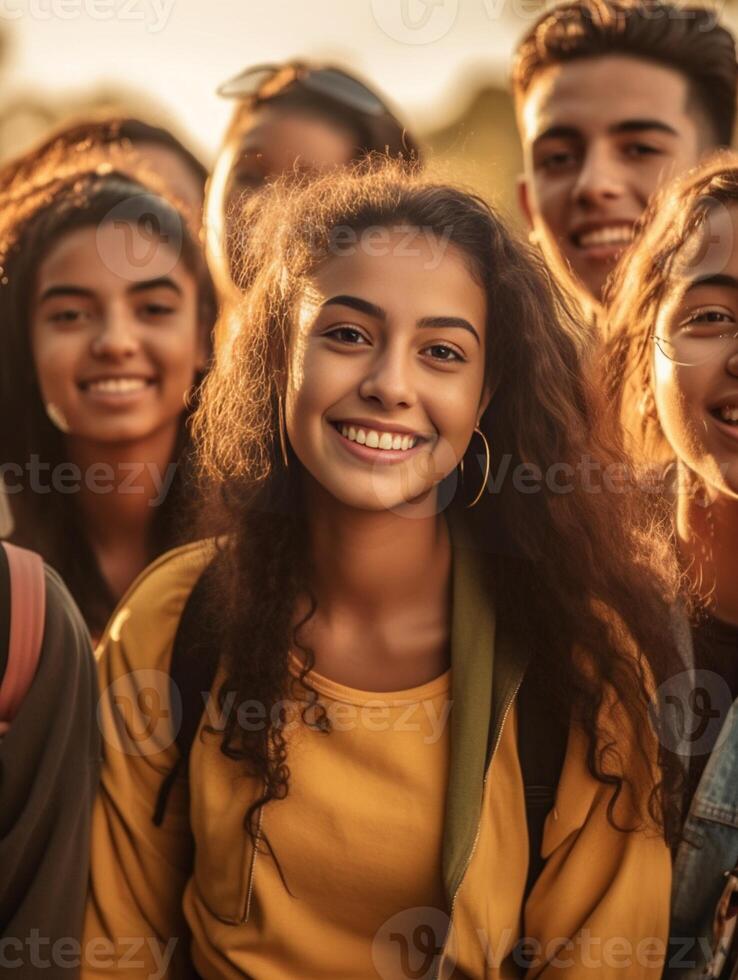 ai generativo multirazziale Comunità di giovane persone sorridente a telecamera all'aperto contento studenti avendo divertimento insieme nel Università città universitaria gruppo di multiculturale amici indossare giallo t camicie In piedi foto