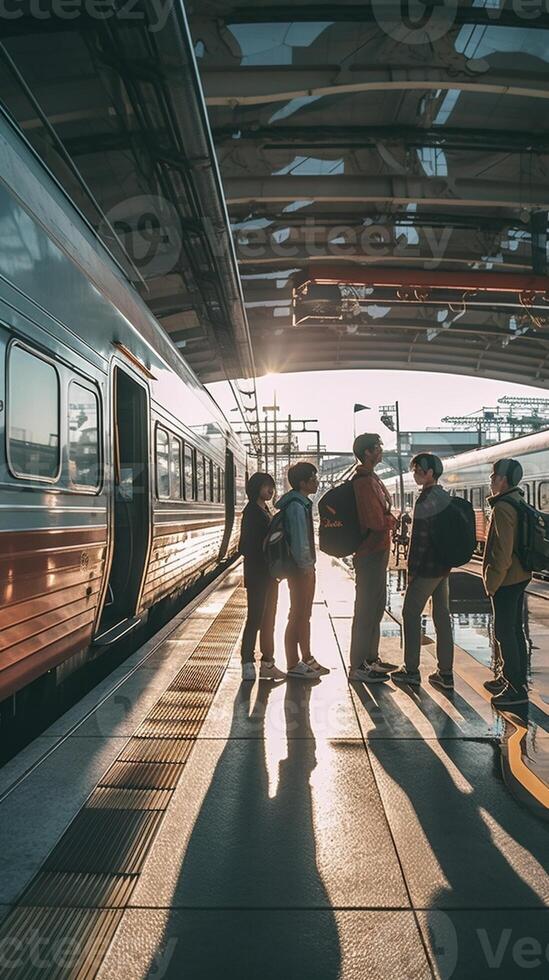 ai generativo multirazziale gruppo di persone a piedi a treno stazione viaggio vacanza e vacanza nuovo normale concetto foto