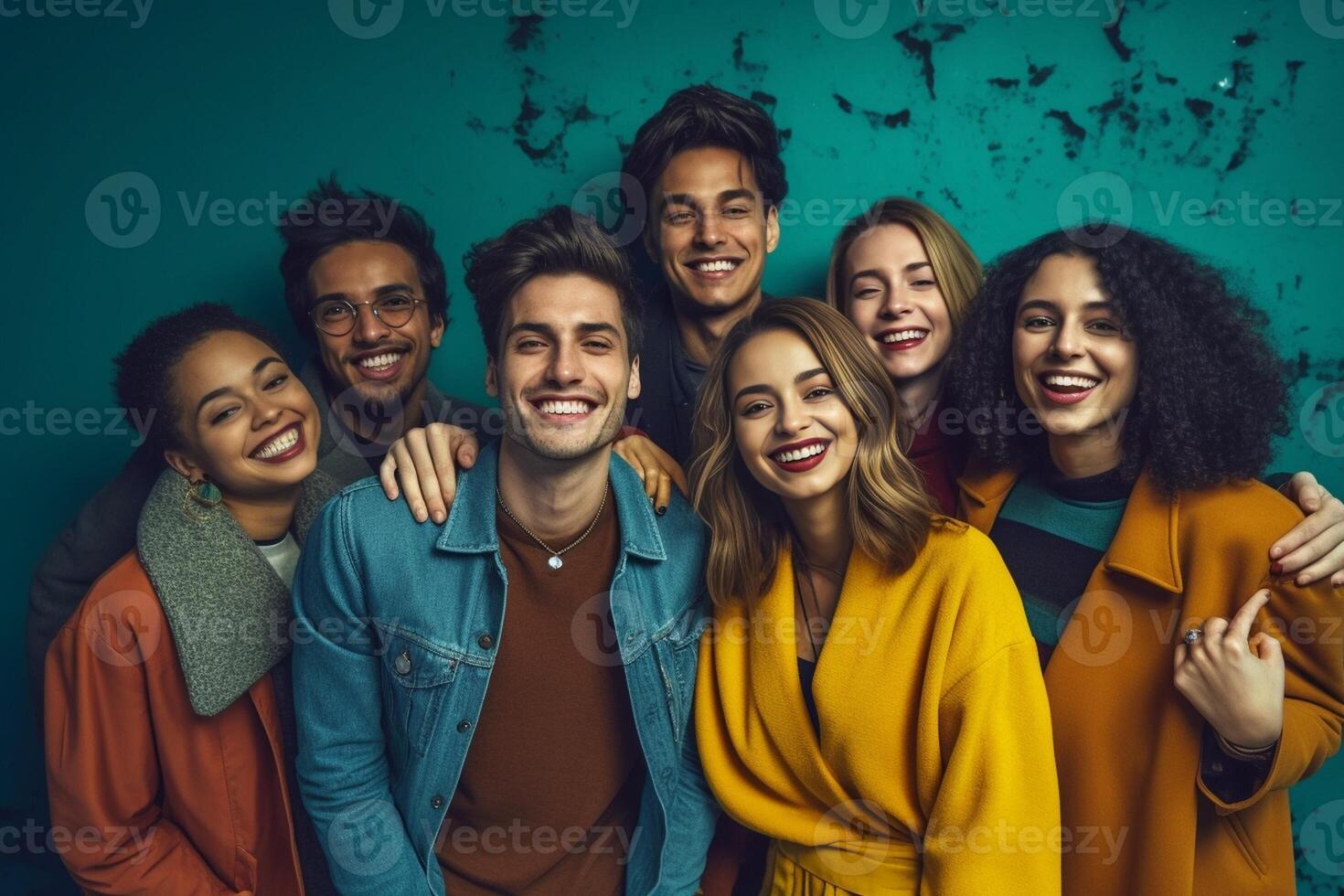 ai generativo multirazziale gruppo di giovane persone in piedi nel davanti di giallo isolato sfondo gioventù Comunità concetto con ragazzi e ragazze ridendo guardare a telecamera luminosa colori foto