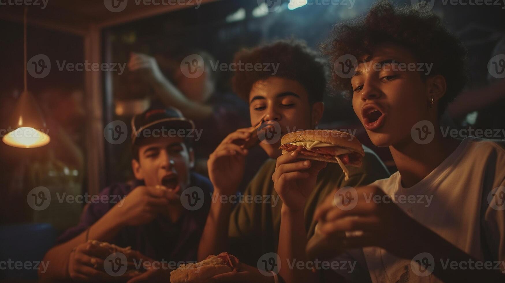 ai generativo multirazziale contento amici mangiare Hamburger e Pizza seduta a pub ristorante tavolo giovane persone avendo commensale festa nel Casa balcone consegna cibo concetto con ragazzi e ragazze di foto