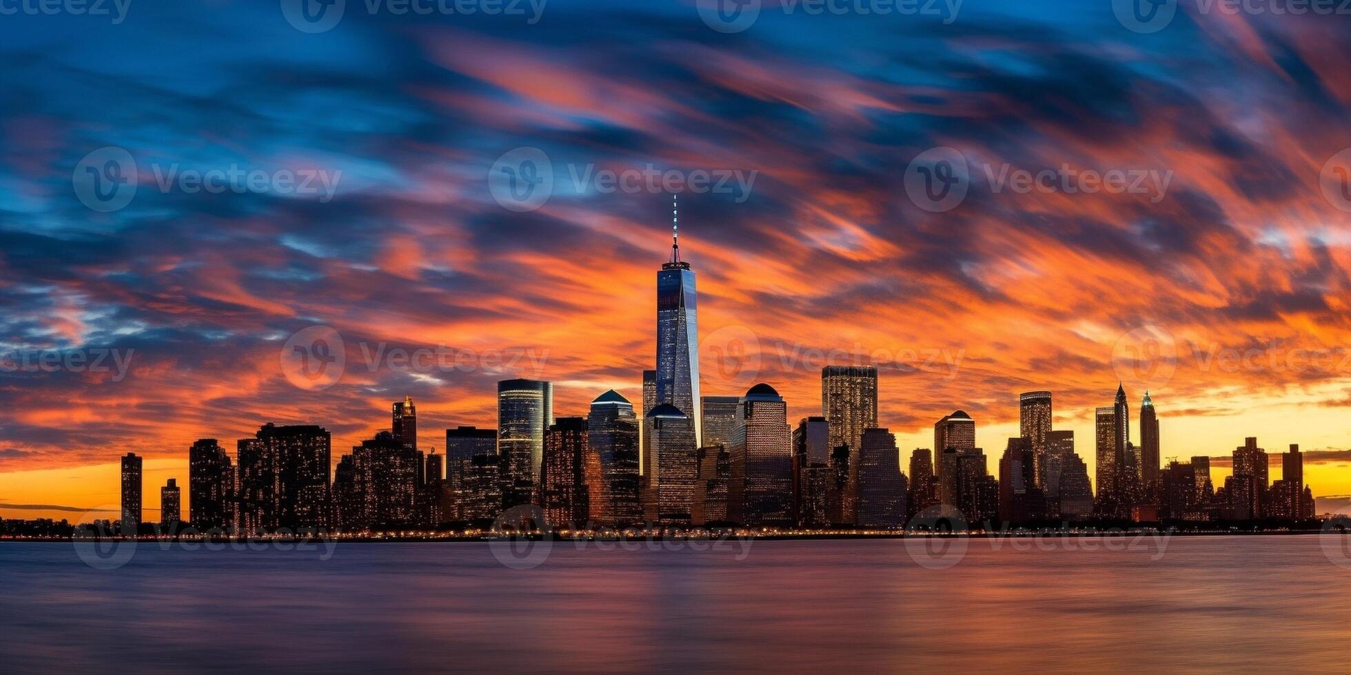 ai generativo nuovo York città panorama a tramonto con un' drammatico cielo nel il sfondo foto