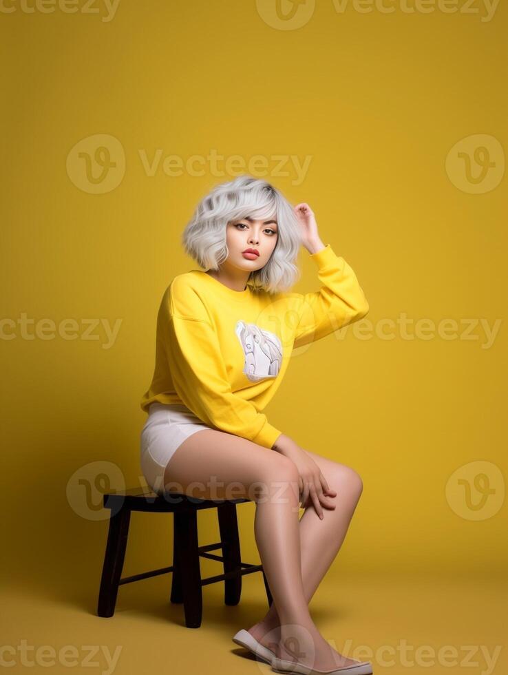ai generativo ritratto di bellissimo giovane donna pensiero in posa nel casuale confortevole capi di abbigliamento isolato su luminosa giallo sfondo foto