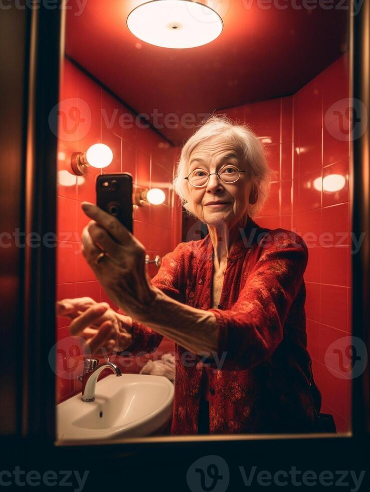 ai generativo positivo anziano donna disegno cuore forma su il specchio a casa se stesso amore e se stesso cura concetto foto