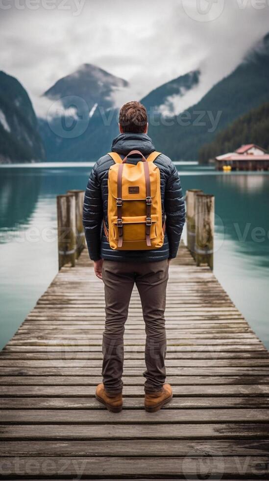 ai generativo posteriore Visualizza ritratto di un' escursionista visitare alpino lago a Braies Italia contento uomo indossare giallo giacca e zaino godere il natura paesaggio a autunno voglia di girovagare e viaggio foto