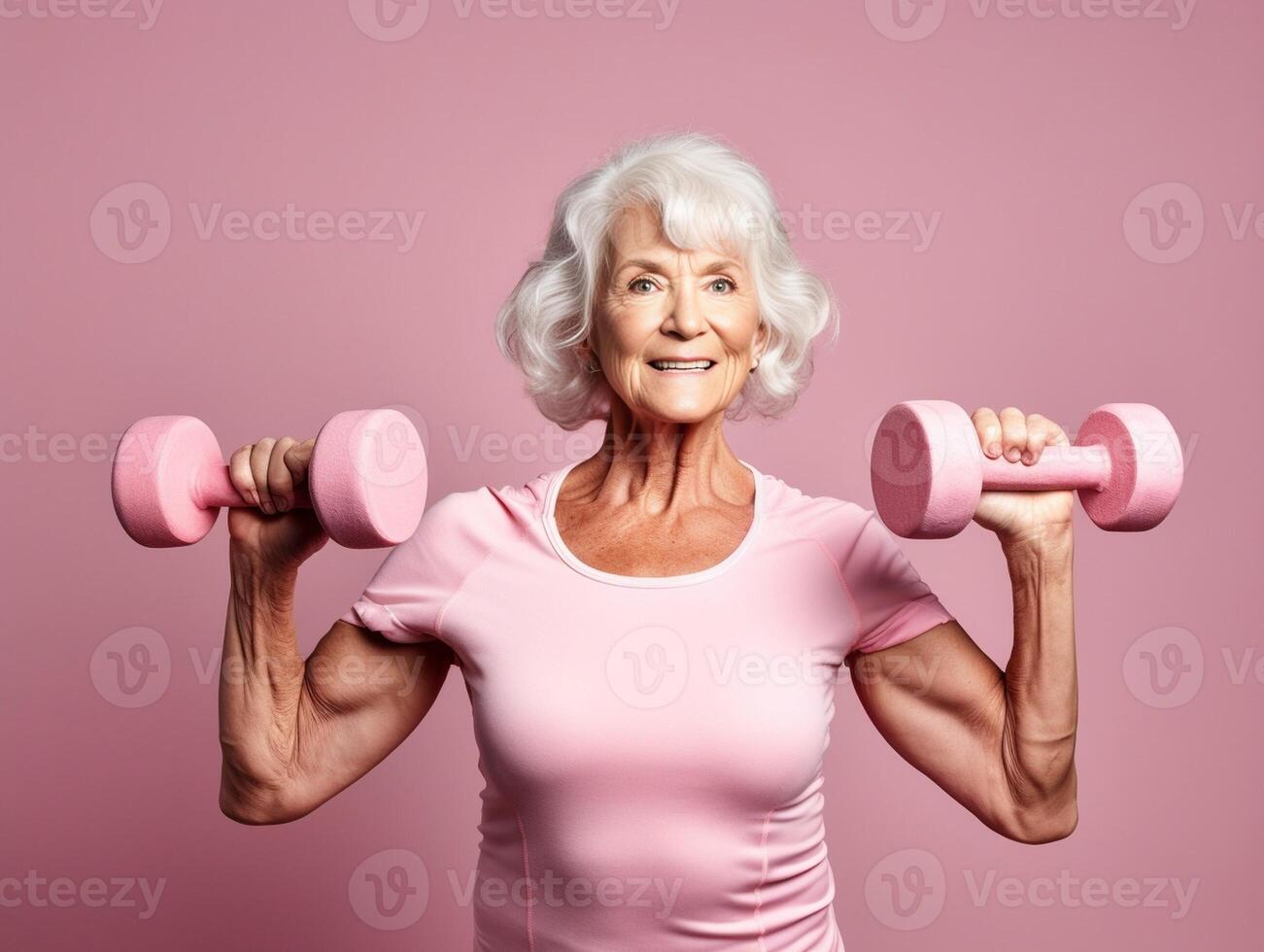 ai generativo anziano donna formazione Palestra opera su Tenere manubri ritratto di un' maturo donna fare fitness esercizio a il parco anziano persone e sport concetto foto