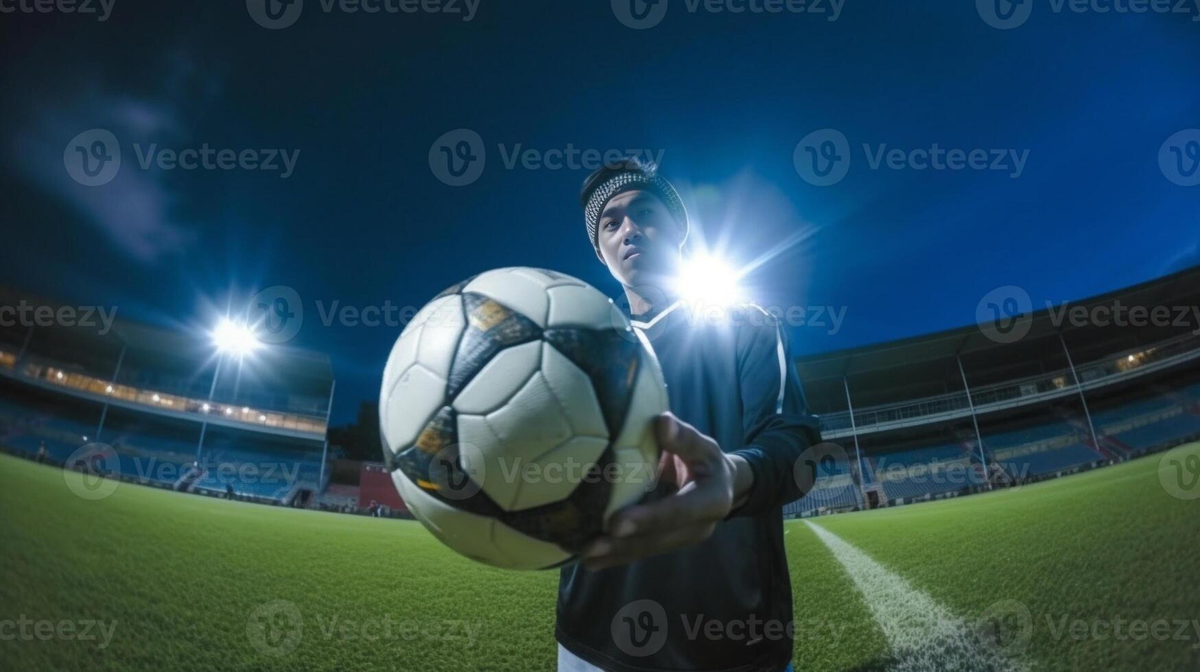 ai generativo calcio giocatore è formazione solo a il stadio a tramonto concetto di calcio sport persone e stile di vita foto