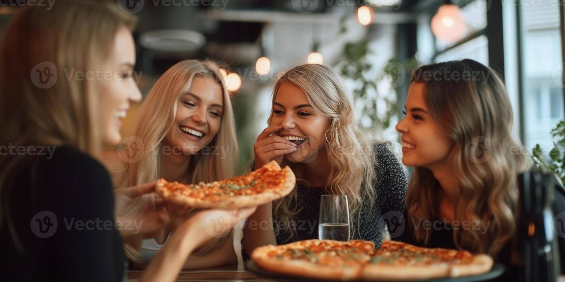 ai generativo tre giovane femmina amici mangiare Pizza seduta al di fuori contento donne godendo strada cibo nel il città italiano cibo cultura e europeo vacanze concetto foto