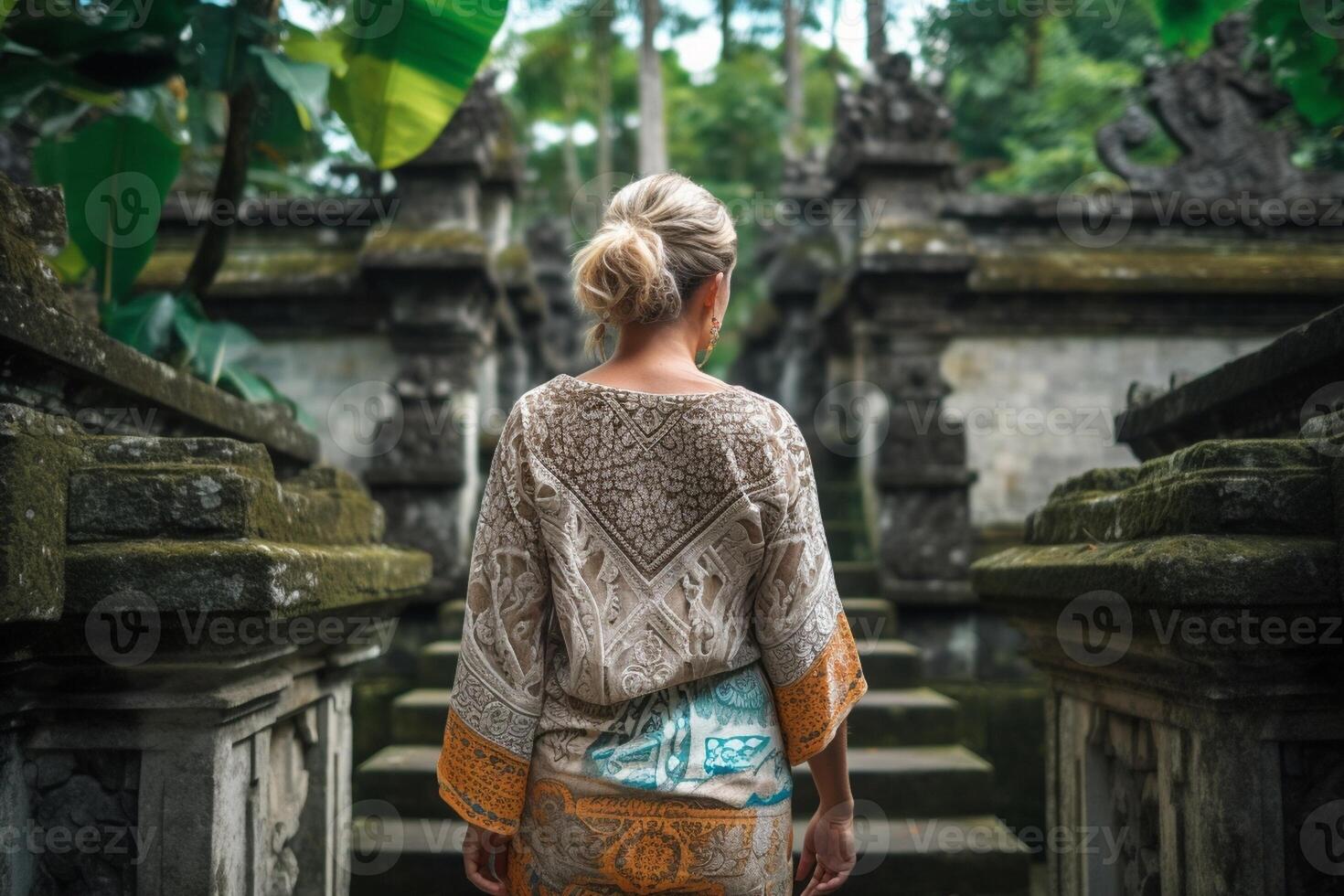 ai generativo viaggiatore donna in posa nel davanti di un' tempio nel bali Indonesia donna con zaino su un' viaggio nel Asia foto