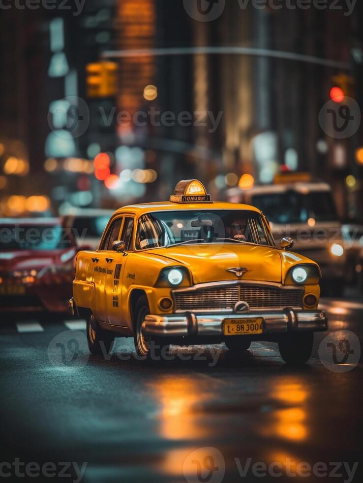 ai generativo giallo taxi su il strada nel nuovo York città a notte foto