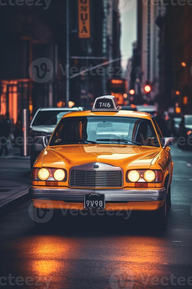 ai generativo giallo taxi su il strada nel nuovo York città a notte foto
