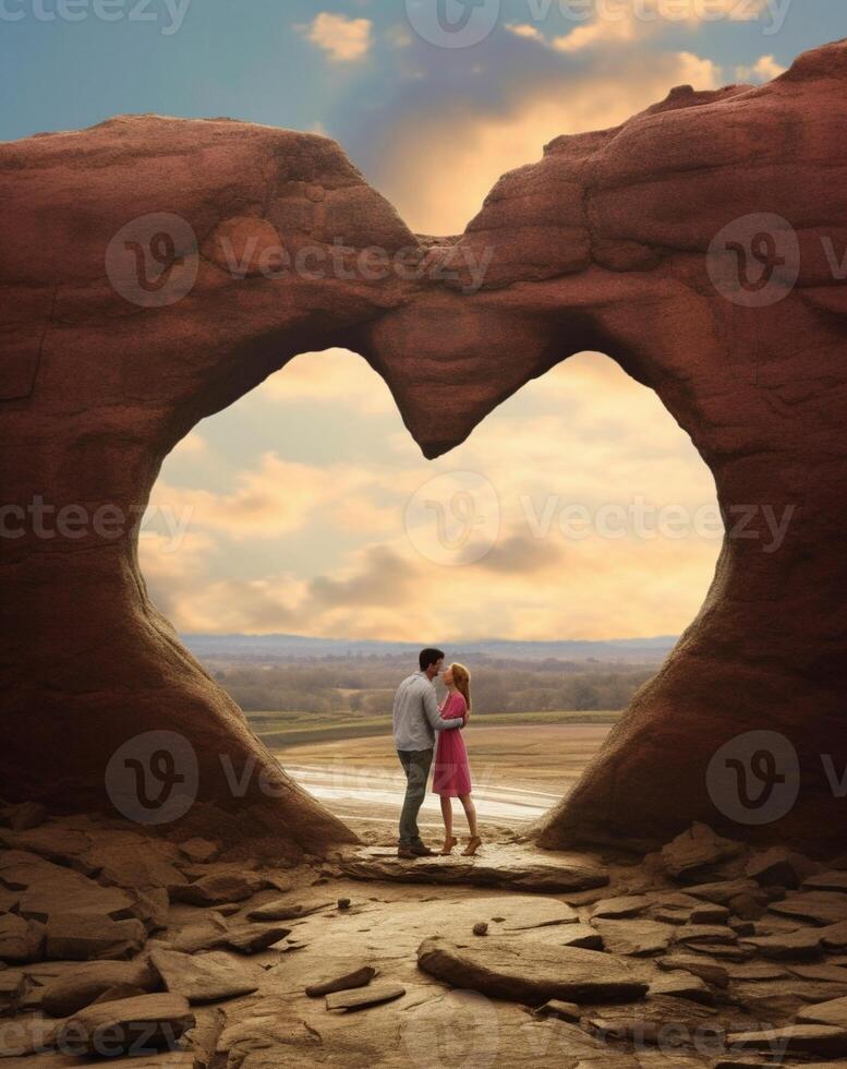 ai generativo giovane coppia baci dietro a rosso cuore contro nazione scena foto
