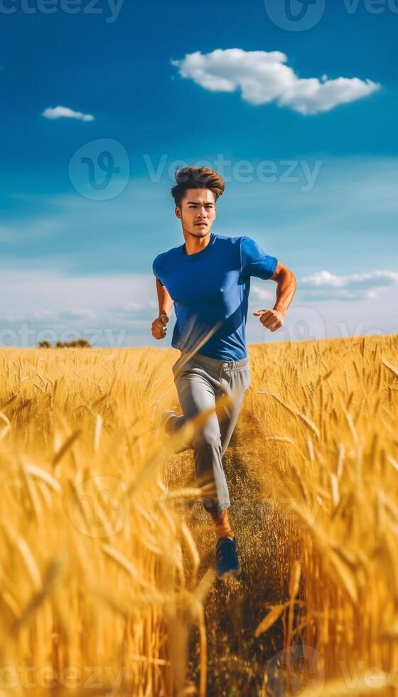 ai generativo giovane contento uomo salto su un' Grano campo successo e felicità concetto foto