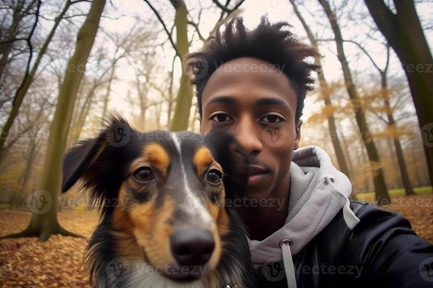 ai generativo giovane contento uomo assunzione autoscatto con il suo cane nel un' parco sorridente tipo e cucciolo avendo divertimento insieme all'aperto amicizia e amore fra gli esseri umani e animali concetto foto