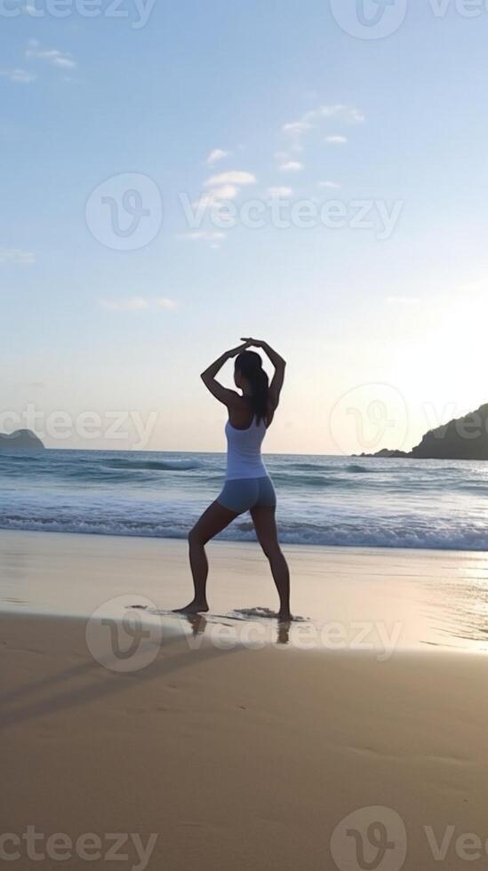 ai generativo giovane salutare donna praticante yoga su il spiaggia foto