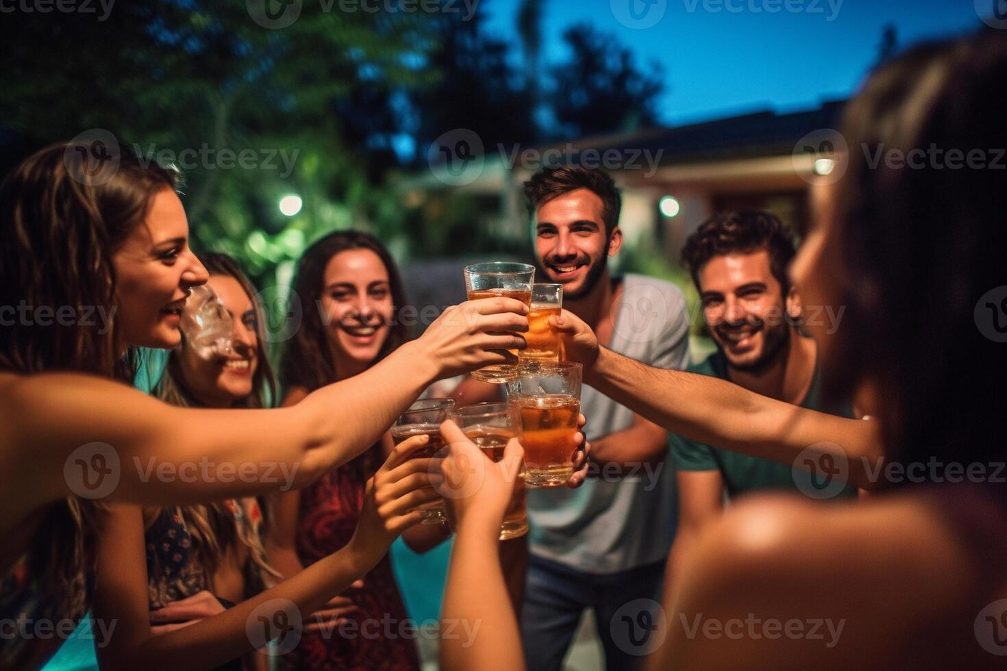 ai generativo giovane multirazziale amici tostatura birra a barbecue giardino festa giovane allegro persone applauso con cocktail su estate tempo foto
