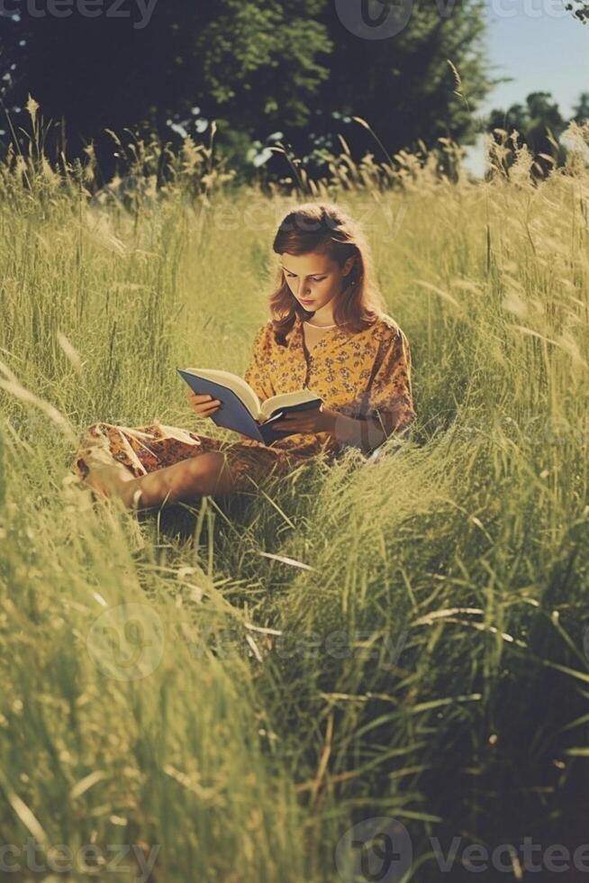 ai generativo ragazza lettura un' libro dire bugie su il erba persone formazione scolastica natura e stile di vita concetto foto