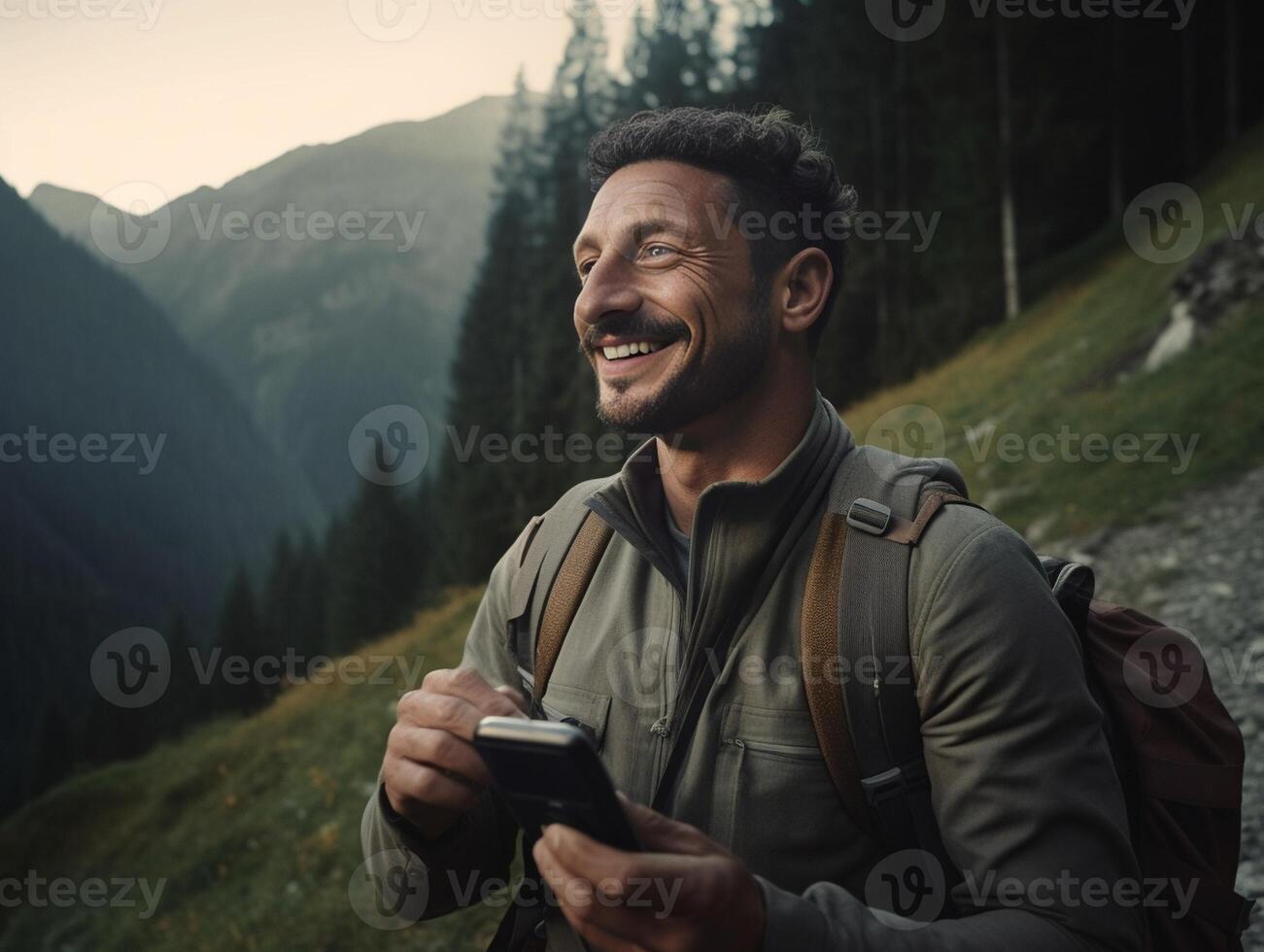 ai generativo escursionista guardare a il suo smartphone durante il suo giro nel il foresta caucasico persone persone stile di vita natura e tecnologia concetto foto