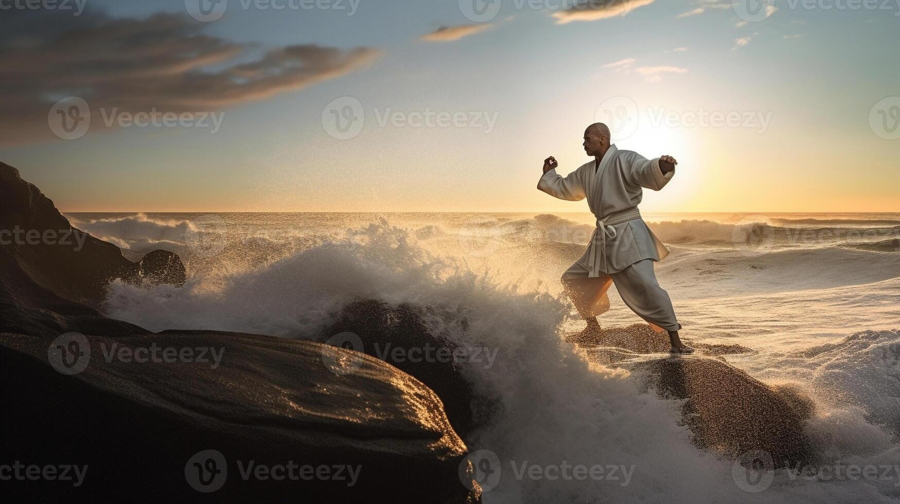 ai generativo marziale arti maestro Meditare e treni durante Alba a mare nel solitudine stile di vita concetto foto