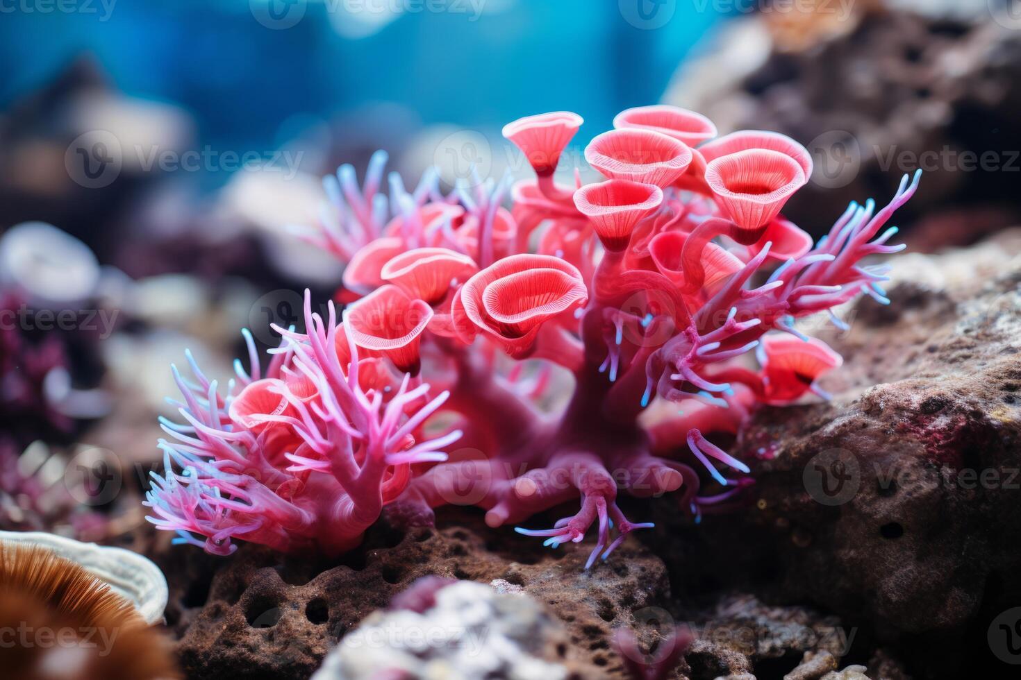 ai generato subacqueo bellissimo colorato danza scogliera anemone gruppo corallo tropicale animale anemonefish natura sale acqua pesce serbatoio acquario. ecologia boccaglio immersione ecosistema ambientale Salva pianeta foto