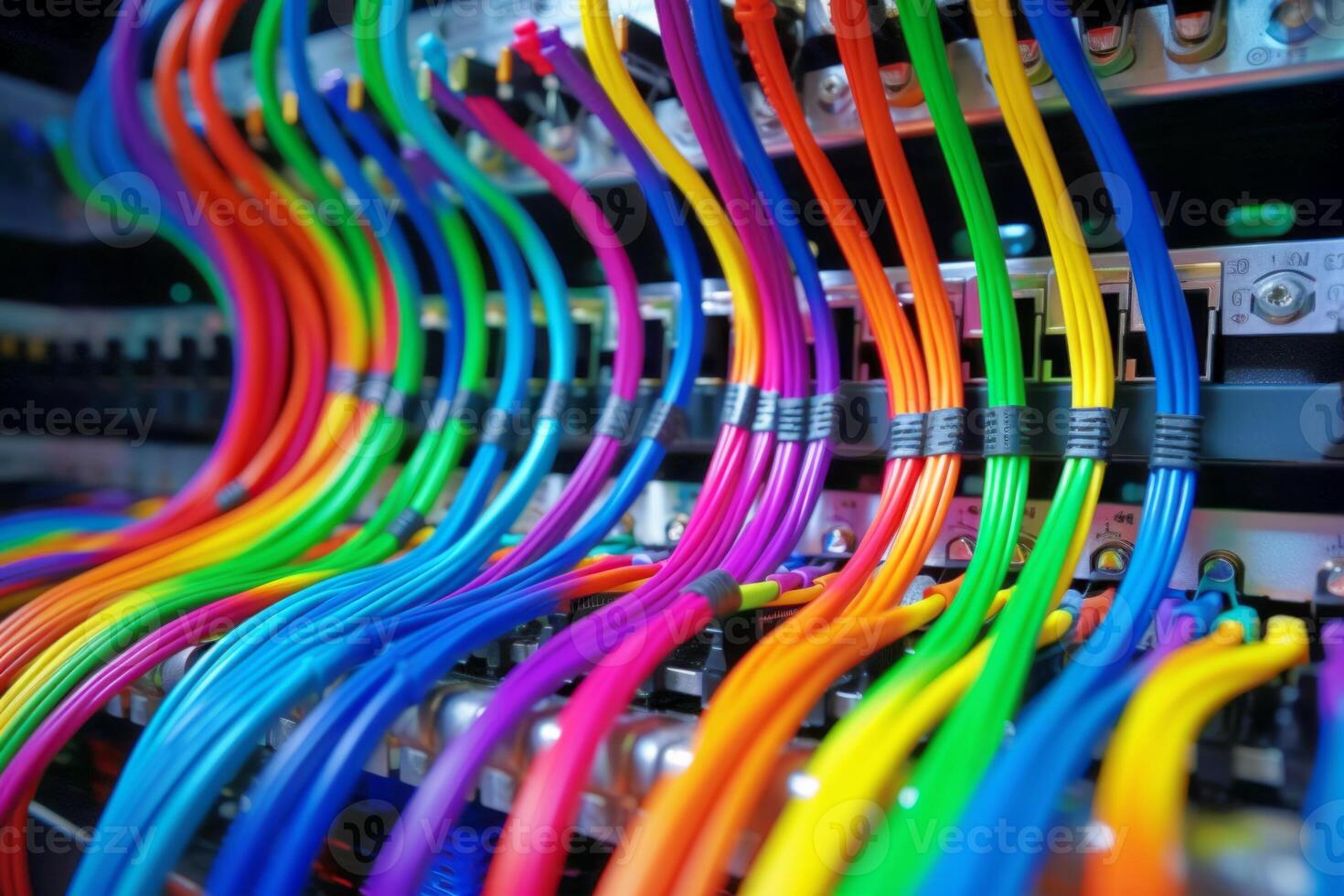 ai generato colorato ottico fibra elettrico cavi fili neon onde Linee astratto 3d ai design sfondo modello splendore colorato flussi informazione ottico connessione Internet ragnatela multicolore dati guidato foto