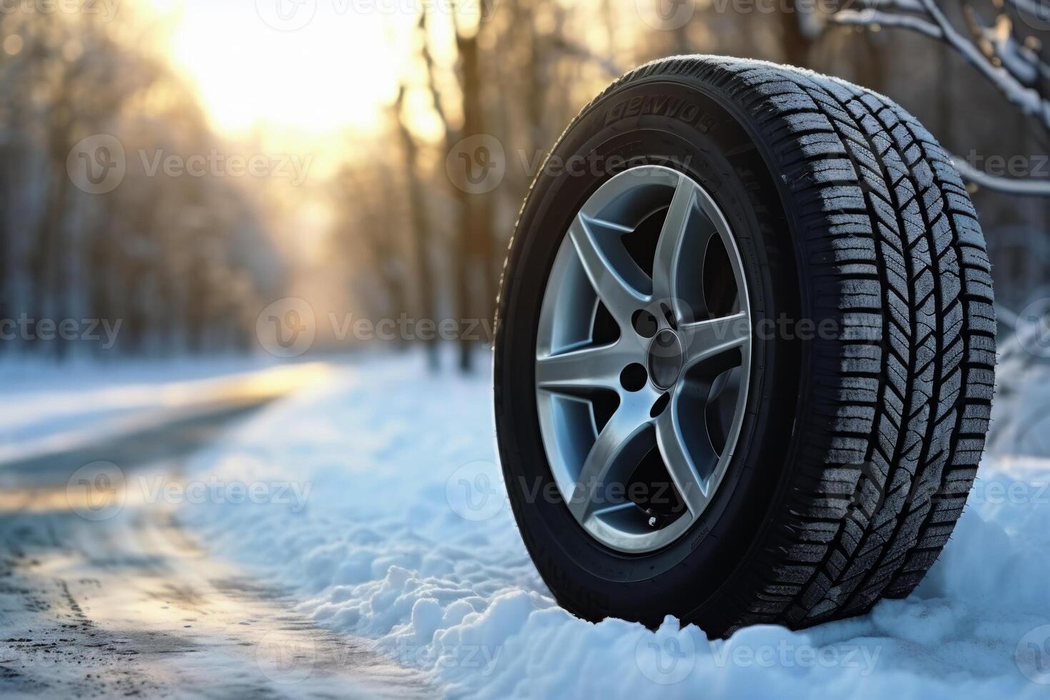 ai generato inverno pneumatico coperto nel neve nevoso strada ghiaccio ghiacciato auto ruota guidare sicurezza sicuro guida mezzi di trasporto condizione modificare veicolo auto scivoloso Pericolo brina protezione clima pericoloso fuori strada foto