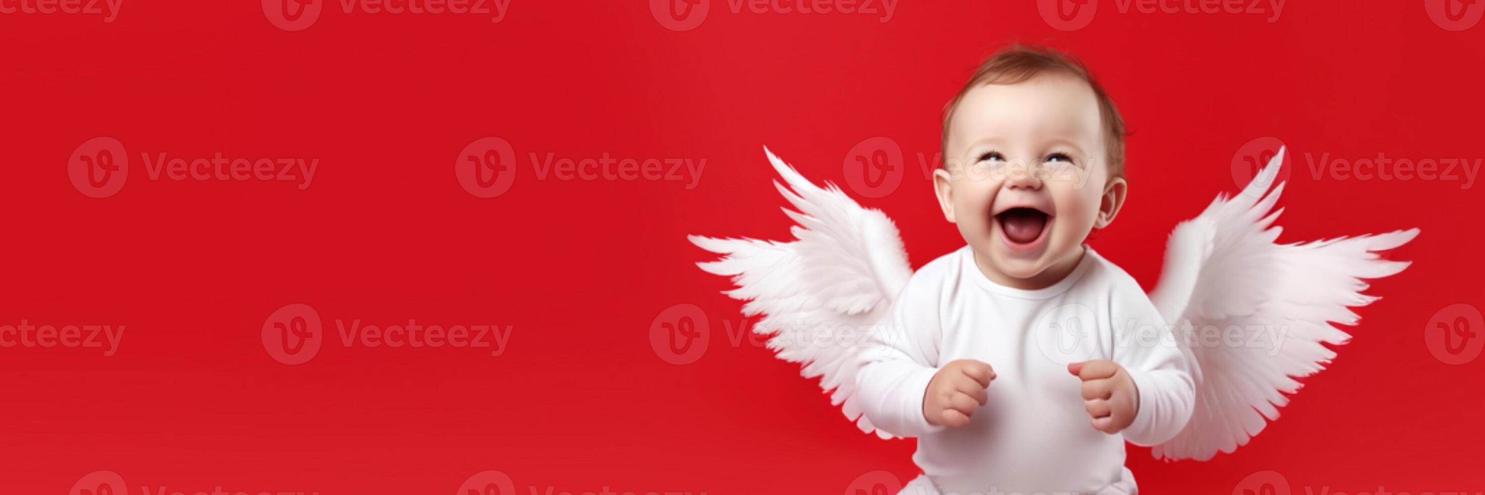 ai generato bandiera gioioso bambino con angelo Ali su rosso sfondo, contento neonato, festivo concetto foto