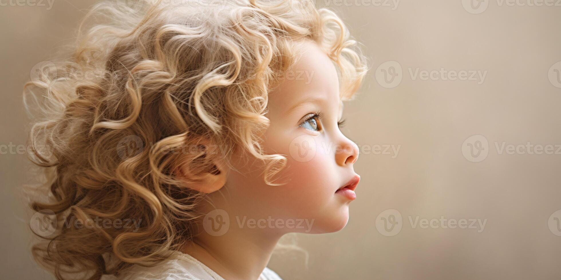 ai generato bandiera profilo Visualizza di un' bambino con Riccio bionda capelli e sognante espressione, morbido beige sfondo. foto