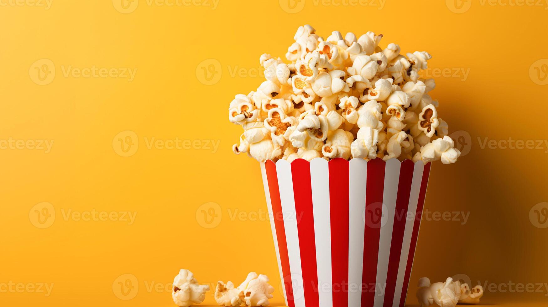 ai generato classico rosso e bianca Popcorn scatola su giallo sfondo, ideale per a tema cinematografico design e merenda pubblicità. foto