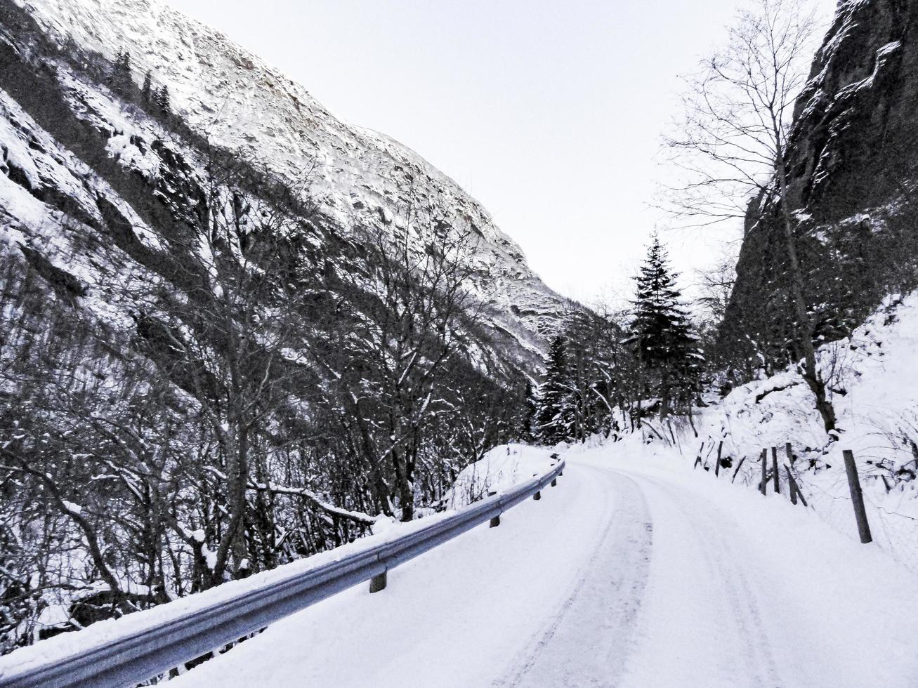 strada innevata nel paesaggio invernale di framfjorden, norvegia. foto