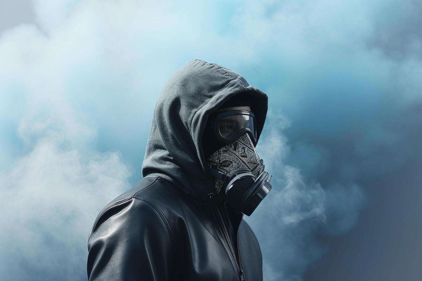 ai generato uomo indossare un' gas maschera in piedi in giro Fumo con generativo ai foto