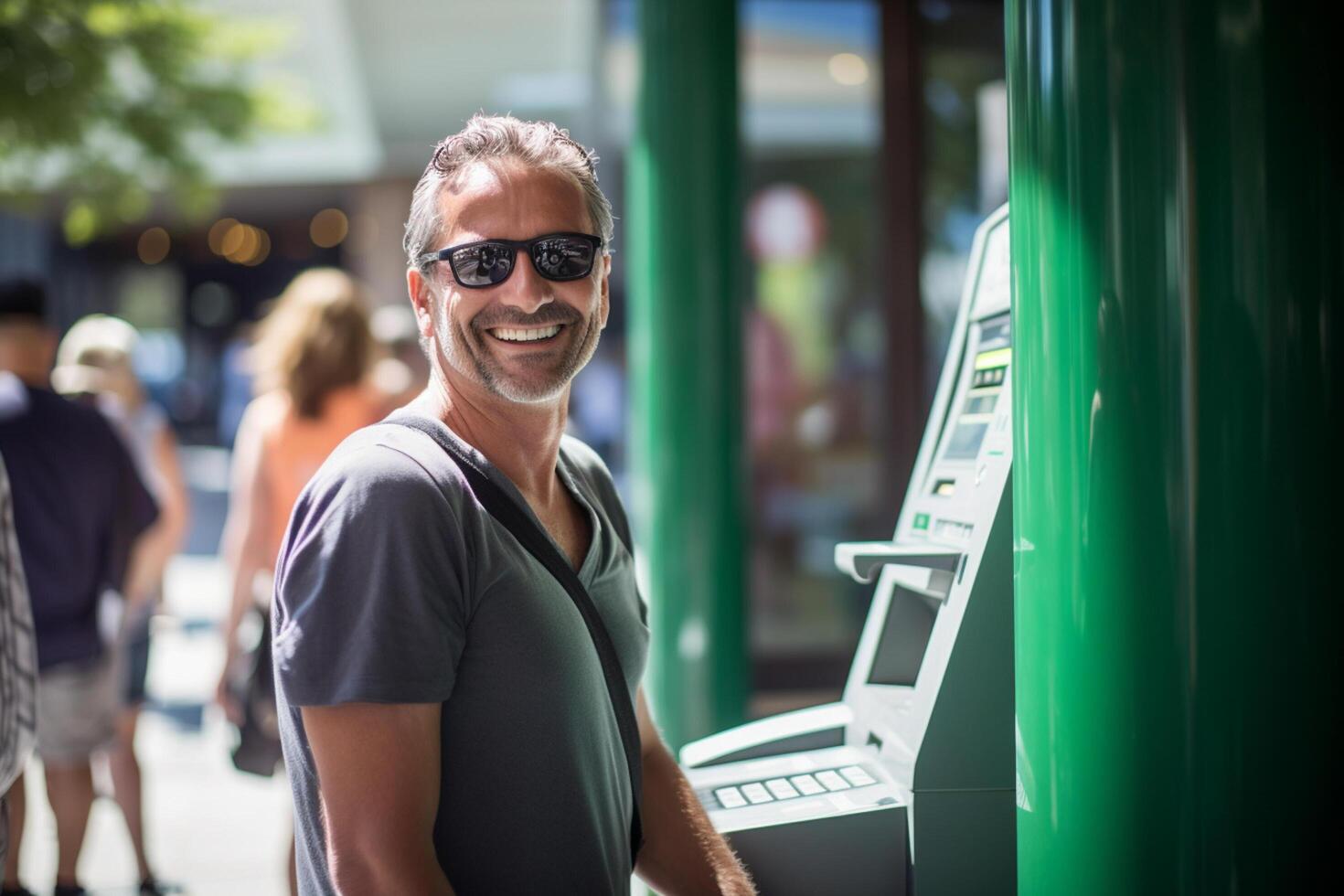 ai generato un' mezzo età uomo utilizzando un ATM macchina bokeh stile sfondo con generativo ai foto