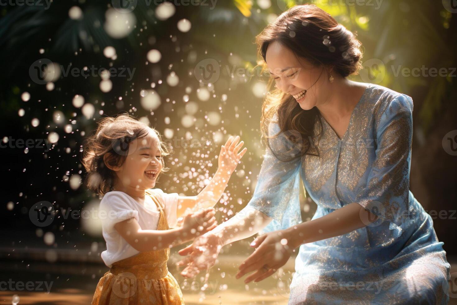 ai generato mamma giocando acqua con figlia a Songkran giorno con generativo ai foto